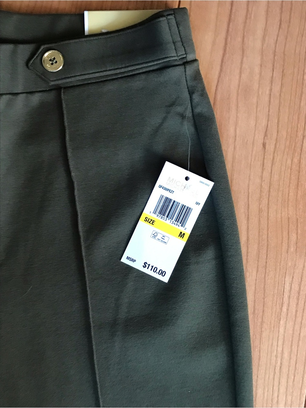 Michael Kors Olive Green Boot-Cut Dress Pants with Gold Buttons